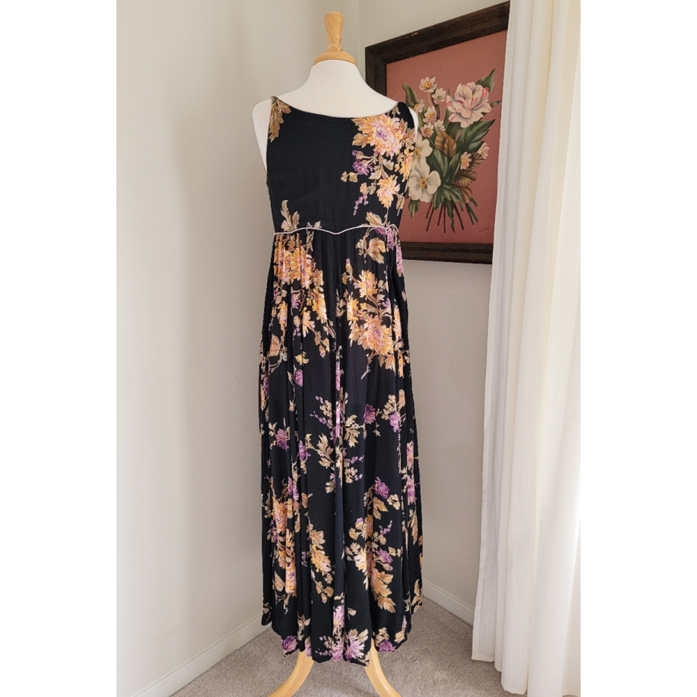 90s Black Floral Scoop Neck 1990s Vintage Flowy Feminine Rayon Gauze Maxi Dress - Picture 14 of 16